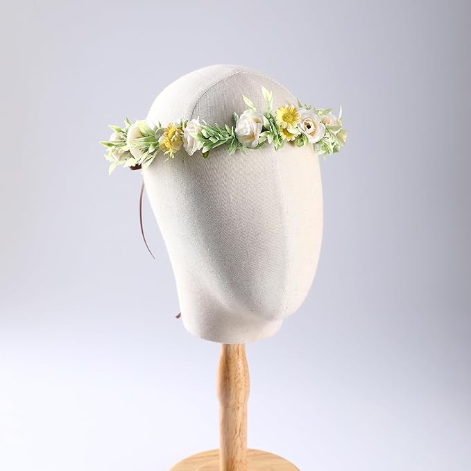 Girls Rose Flower Crown - White Boho Flower Headband Bridal Wreath Popular Floral Headpiece for Women Wedding, Baby Shower, Family Photos and Fancy Gala