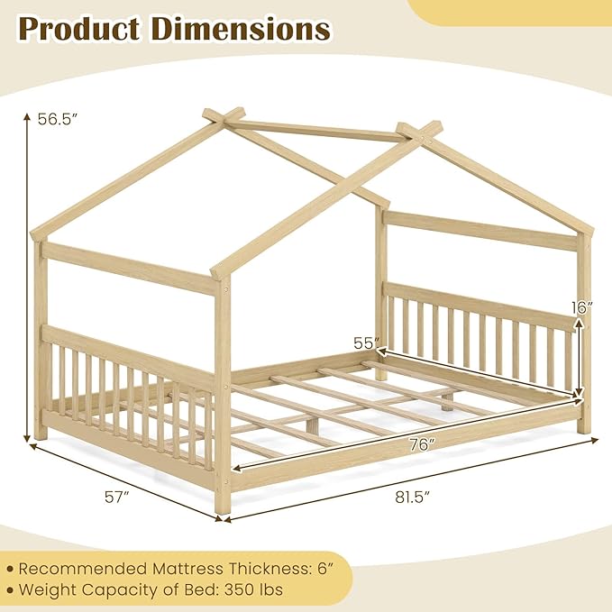 Giantex Full Size Floor Bed, Solid Wood Montessori House Bed with Roof, Headboard and Footboard, Low Full Bed Frame for Kids Teens Girls Boys, No Box Spring Needed, Natrual