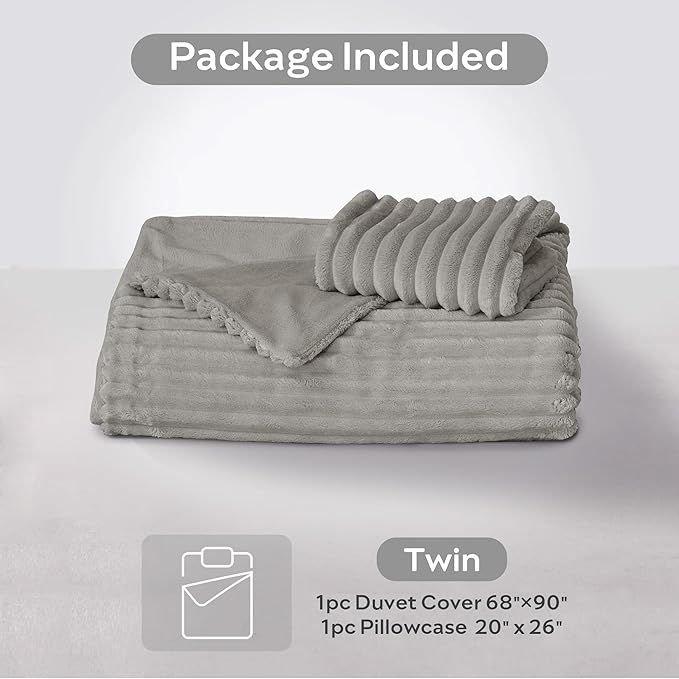 JELLYMONI Plush Duvet Cover Set - Twin Size Light Gray Striped Fluffy Comforter Cover 2pcs Bedding Set Luxury Ultra Soft Faux Fur Duvet Cover with Zipper and 1 Pillowcase (NO Comforter)