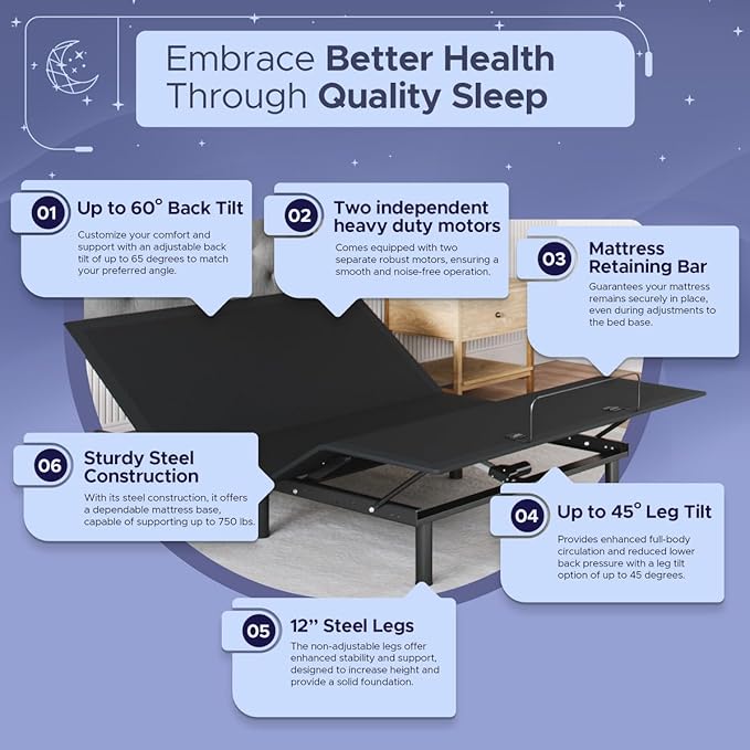 Celestial Sleep Aurora Adjustable Bed Base (Frame) + 12 inch Gel Memory Foam Mattress (Medium Soft), Easy Assembly, Head and Foot Lift, Zero Gravity, Memory Positions, CertiPUR-US Bed - Full