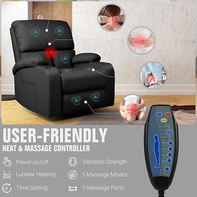 Rocking Recliner Chair, Massage Rocker Recliner Chair with Vibration Massage and Heat, 360° Swivel Faux Leather Chairs, Living Room, Bedroom, Nursery, RV, Black