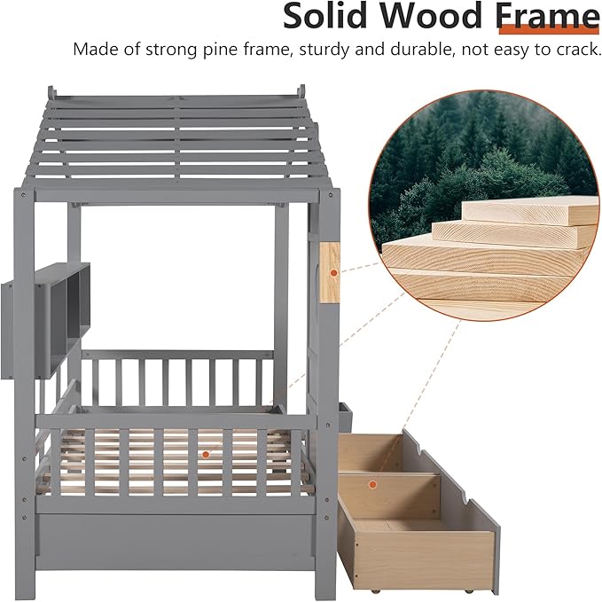 Twin Bed Frames for Kids, House Bed with Window and Fence, Wood Platform Bed Frame with Drawers and Shelves, Playhouse Bed for Boys Girls, Gray, 78" L x 42.7" W x 72" H
