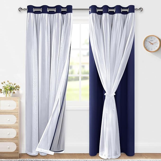 XWZO 100% Blackout Double Layer Curtains, Blackout Curtains with Sheer Overlay for Living Room, Bedroom, Grommet Thermal Insulated Privacy Curtains with Tiebacks, 2 Panels, 52x84, Navy Blue
