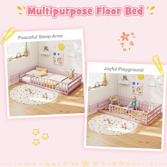 KOMFOTT Twin Size Wood Floor Bed with Door & Fence, Montessori Bed Frame with Full Length Safety Guardrails, Door & Latch, Wooden Montessori Floor Bed for Kids, Girls, Boys (Twin,Pink)