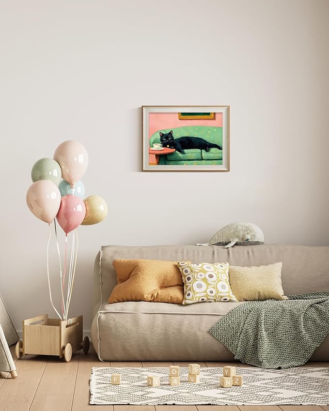 ARPEOTCY Framed Canvas Wall Art, 12x16 Inch Black Cat on Green Sofa Vintage Print, Whimsical Animal Art for Living Room, Bedroom, or Bathroom Wall Decor