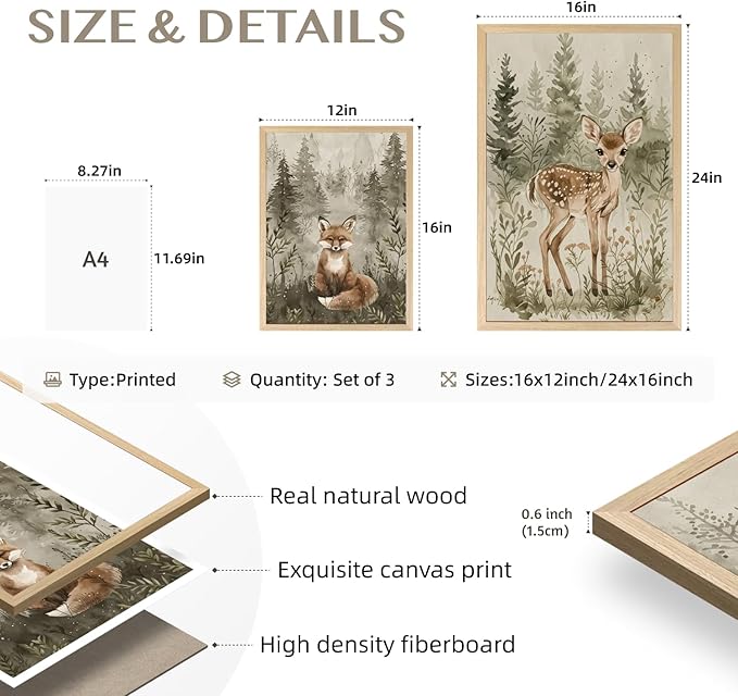 kilamino Wood Framed Woodland Animal Nursery Wall Art, Cute Fox Bear Deer Wall Decor, Neutral Wildlife Animal Art Prints, Funny Nature Forest Animal Canvas Paintings for Baby Room Playroom 12"x16"x3