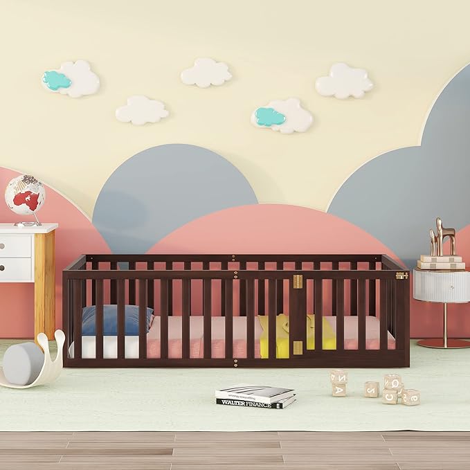 Merax Twin Floor Bed with Safety Guardrails and Door, Wood Montessori Floor Bed Frame for Kids, Twin Playhouse Bed Frame for Baby Girls and Boys, Walnut