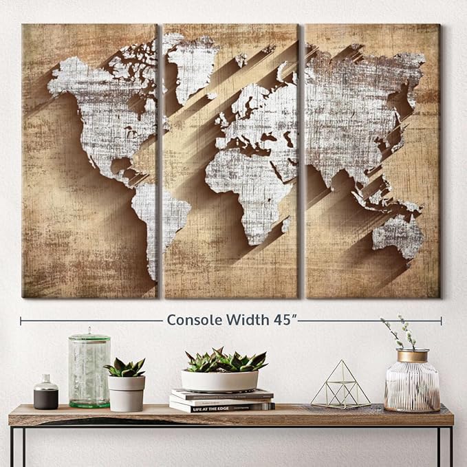 ElephantStock Dimensional World Map II Multi Piece Canvas - 3 Piece Canvas World Map Wall Decor - Wall Decor - Ready-to-Hang Print - Vintage Wall Art - 45" X 28"