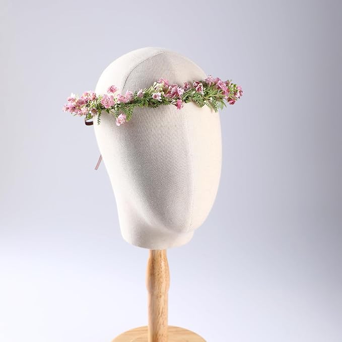 Pink Bohemian Flower Crown - Pink Babys Breath Flower Headband with Green Leaf Bohemian Floral Headpiece Hair Wreath for Women Wedding Halloween Christmas