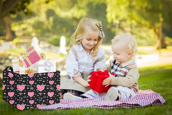 CLOCOR Rectangular Black Heart Gift Basket for Valentines' Day, Collapsible Cute Pattern Storage Bin,Waterproof Books Box with Handles,Gift Basket(Happy Valentine)