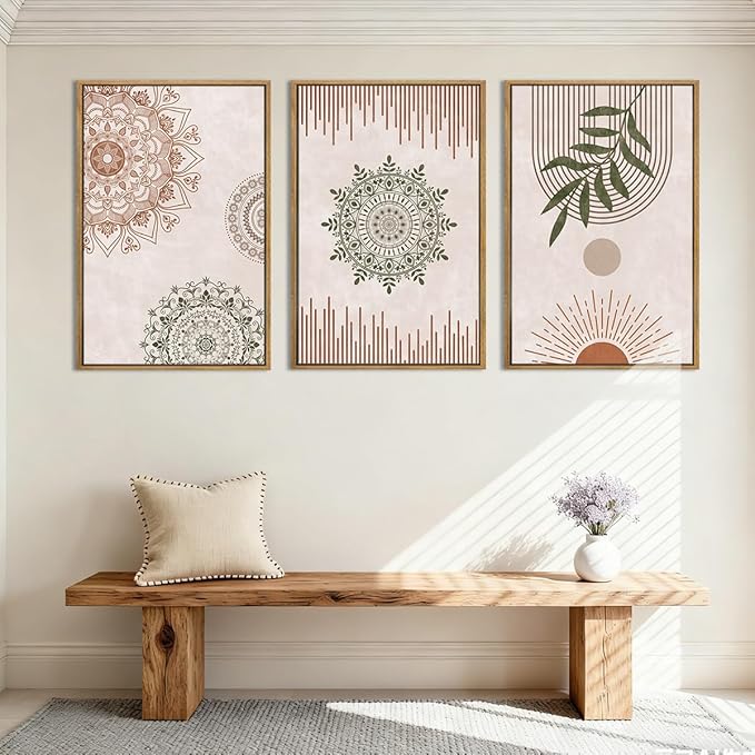 Anyzal Boho Wall Art Framed Large Abstract Geometric Line Paintings Mid-century Modern Plant Wall Decor for Bedroom Living Room Office 16x24 Inches 3 Piece