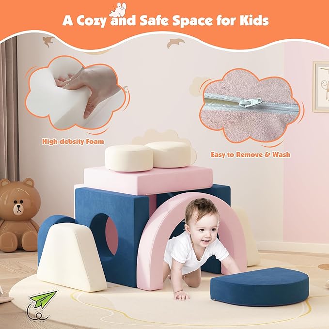 12 PCS Modular Kids Play Block Couch Child Sectional Soft Sofa Toddler Building Fortplay Climbing Bedroom Playroom Baby Convertible Floor Foam Cushion for Boys & Girls (Pink+Blue+Beige)