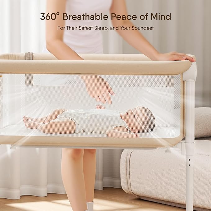 Bassinet Bedside Sleeper - All-Mesh Design, Portable Bedside Bassinet for Baby with Washable Mattress, 5 Adjustable Heights（Beige）