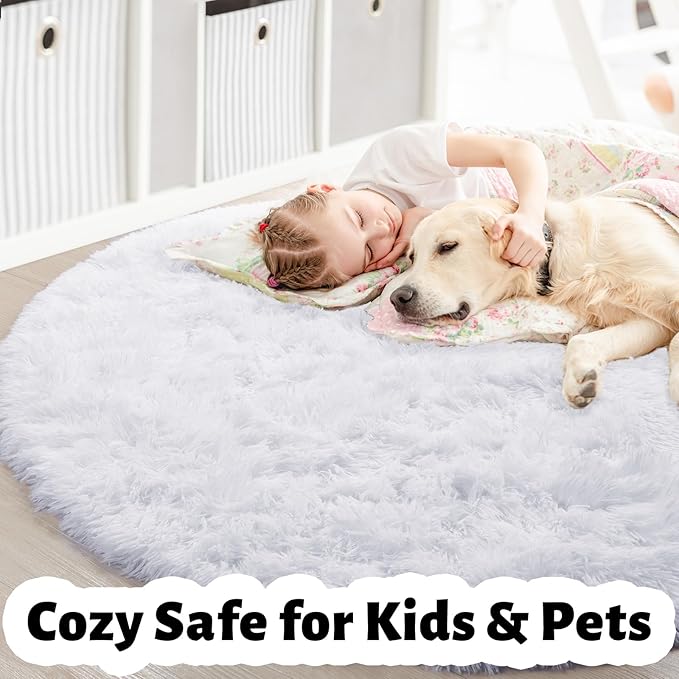 White Round Rug 6Ft for Bedroom, Washable Circle Area Rugs for Living Room, Large Soft Fluffy Shaggy Carpet for Teen Girls Boys, Kids Home Decor Aesthetic, Plush Throw Rugs for Dorm Nursery Playroom