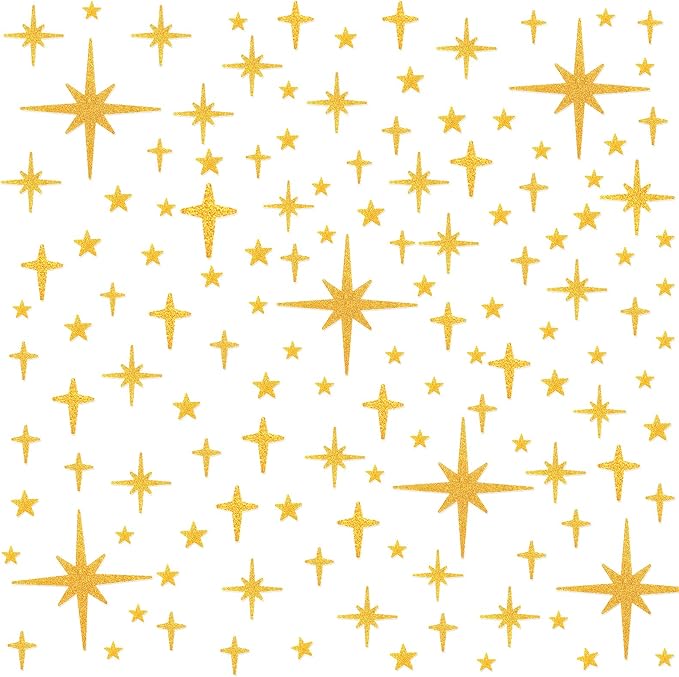 AOWDIAO Glitter Gold Star Peel and Stick Wall Decals - 120 Pcs, Assorted Shapes & Sizes for Room Decor