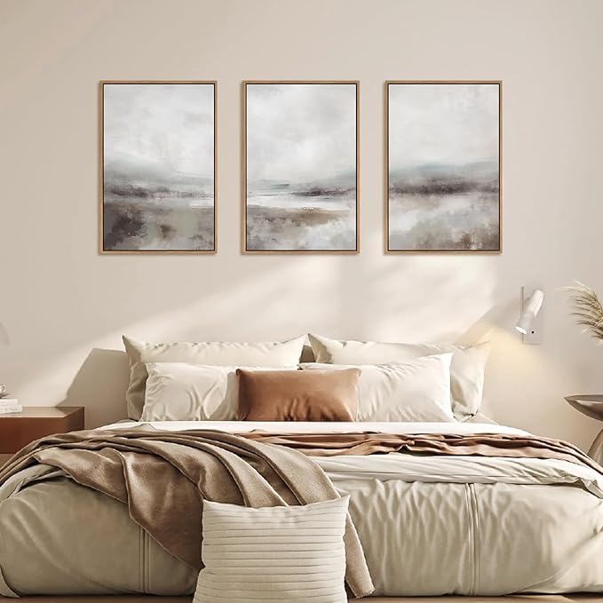 HLNIUC Large Abstract Neutral 3 Piece Wall Art Framed, Gray Lake Landscape Canvas Decor(16x24), Watercolor Smoky Mountain Wall Painting, Modern Minimalist Art Prints for Living Room, Bedroom, Office