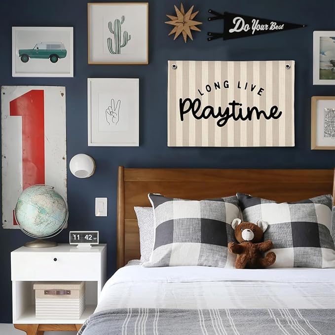 Playroom Decor, Long Live Playtime Wall Hanging Linen Banner, Blue Striped Wall Flag for Kids Room Nursery Playroom Decor, 20x30 Inch-Black