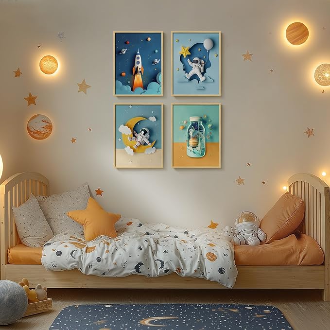 Framed Space Astronaut Wall Art for Boys Room, 4 Piece Cool Space Themed Canvas Wall Art Prints for Nursery, Rocket Artwork for Kids Room, Bedroom, Baby Room, Playroom, 12x16 Inch