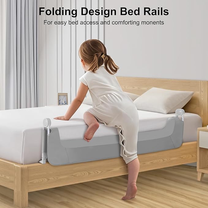 Bed Rail for Toddlers,Swing Down Kids Beds Rails Guard for Twin,Full,Queen,King,Bunk Size Bed,Extral Tall Child Bed Rail Guard with Reinforced Anchor Safety System (Grey, 59inch,1 Side)