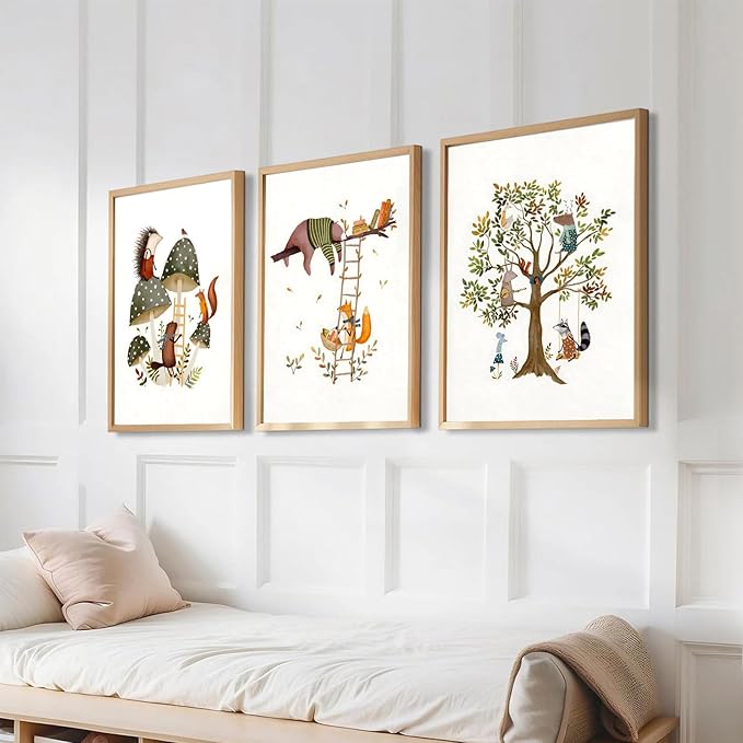 3Pcs Woodland Safari Animals Nursery Canvas Wall Art Baby Jungle Small Animal Wall Decor Pictures Tree Bear Rabbit Fox Hedgehog Kids Posters Prints for Classroom Children Bedroom Decoration Unframed