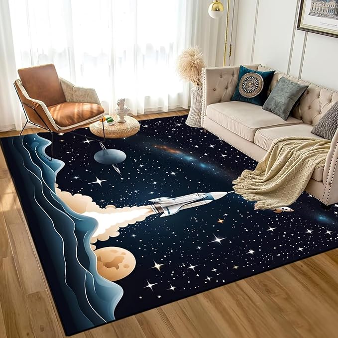 Space Rocket Rug for Boys Room Black Rugs Galaxy Stars Carpet Planet Printed Throw Rugs for Kids Teens Doormat Bedroom Living Room,31 in X 47 in