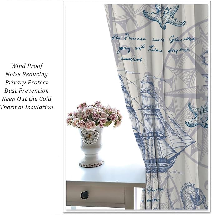 Nautical Sailboat Map Curtain,Ship Compass Lighthouse Anchor Decorative Curtain Polyester Fabric Waterproof Bedroom Curtain Set 2 Panels,63x72 Inches