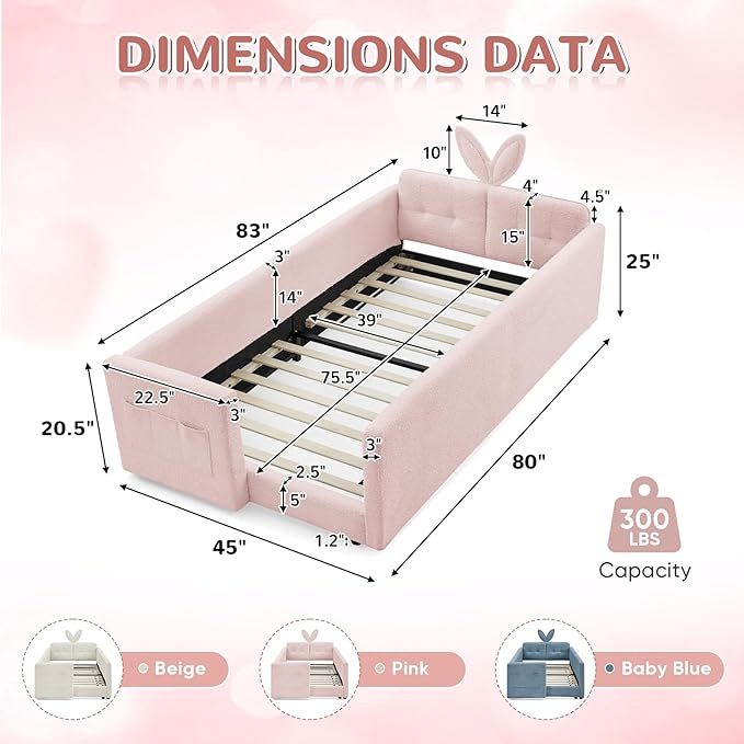 Twin Size Kids Bed with Rabbit Ear Headboard, Upholstered Boucle Fabric Twin Daybed with Slats Support & Side Pockets, Space-Saving Wooden Corner Sofa Couch Bed Frame, for Girls, Boys, Teenager(Pink)