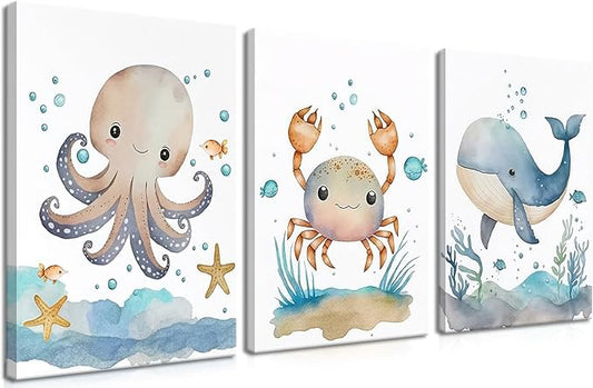 Ocean Nursery Wall Art Set of 3, Sea Animal Baby Boys Room Canvas Wall Decor Paintings, Watercolor Ocean Kids Nursery Posters Prints Pictures for Boys and Girls Room, Bedroom 12x16 Inch Framed