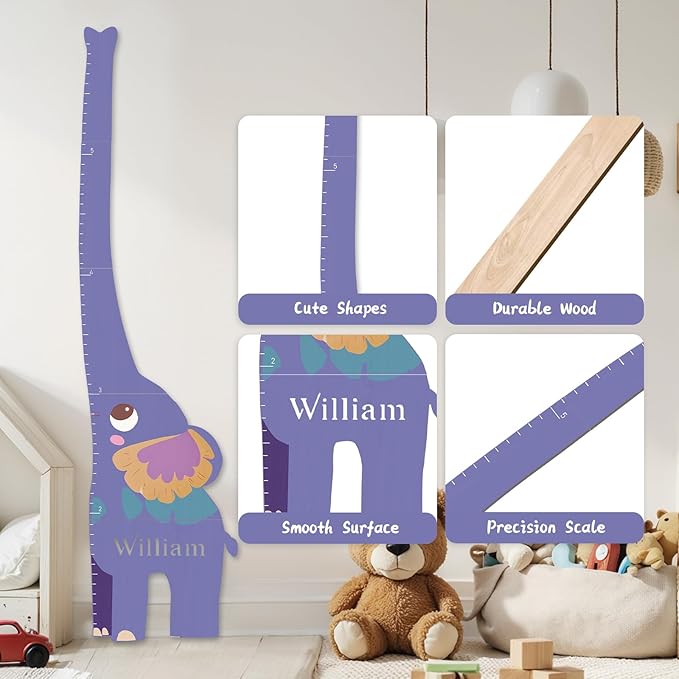 Personalized Name Growth Chart for Kids, Elephant Patchwork Wooden Height Chart for Wall Decor, Baby Boy Girl Measurement Ruler for Room 63" x 15.7"