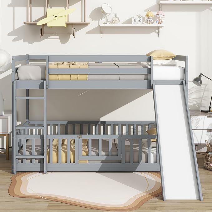 Twin Over Twin Bunk Bed with Slide and Ladder, Wood Floor Bunk Bed Frame with Door and Safety Guardrails for Kids Teens Boys Girls, No Box Spring Needed