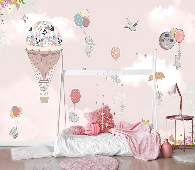 XMPMBM-Pink Clouds hot air Balloon Nursery Room Fabric Wallpaper Cartoon Animals Bedroom Wall Mural-W 154" X H 105"（112 Square Foot）