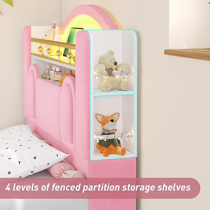 Twin Bed Frames with Storage Headboard,Twin Size Platform Bed for Girls/Kids,Velvet Upholstered Princess Bed Frame Twin,Charging Station&LED Lights,No Box Spring Needed/Noise-Free/Easy Assembly,Pink