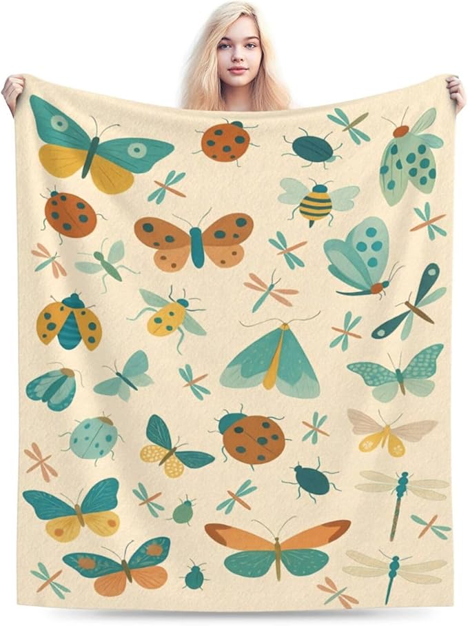 Bugs Insects Throw Blanket Moth Beetle Dragonfly Blanket Soft Cozy Fleece Fuzzy Plush Warm Stuff Bedding Bugs Blankets Gift for Boys Girls Kids Adult Men Women 50"X60"