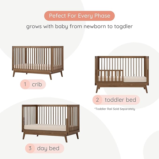 dadada Baby Soho 3 in 1 Convertible Wooden Crib to Toddler Bed - Made in Italy, GREENGUARD Gold Certified, Baby-Safe Finish, Sustainable Beech Wood, Modern Design, 3 Adjustable Heights (Walnut)