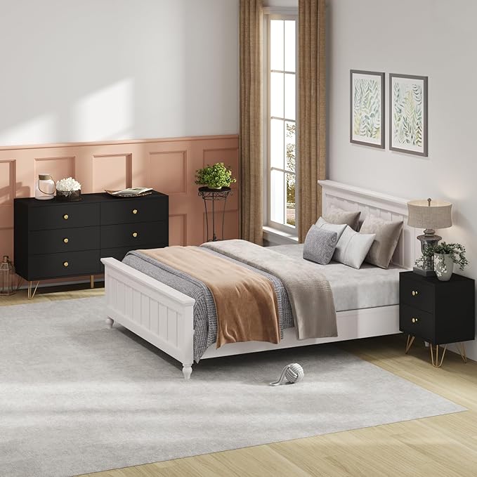 Black Dresser for Bedroom, 6 Drawer Dresser with Golden Handles, Large Storage Cabinet, Modern Chest of Drawers Organizer Storage for Hallyway, Entryway