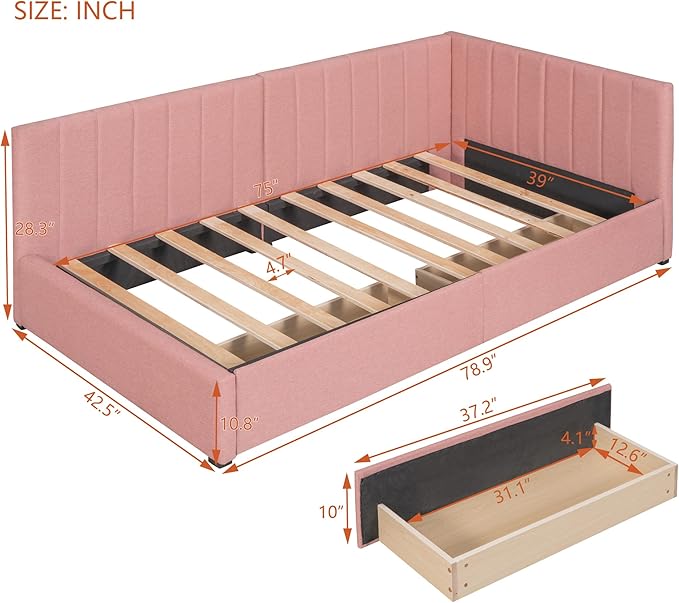 Harper & Bright Designs Upholstered Daybed with 2 Storage Drawers Twin Size Sofa Bed Frame No Box Spring Needed, Linen Fabric (Pink)