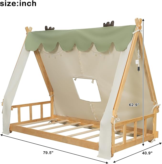 Twin House Bed for Kids with Light and Tent, Montessori Floor Bed Twin for Kids Girls Boys Teens Bedroom, White