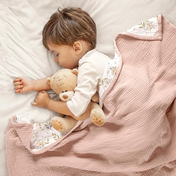 lulumoon Muslin Baby Blanket for Girl: Lightweight Cotton for Newborns - Soft Nursery Blanket for Stroller 47"×47"（Pink Floral）