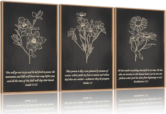 FWIEXA Black Christian Bible Verse Canvas Wall Art Set of 3, Minimalist Scripture Wall Decor, Religious Beige Abstract Floral Painting, 16x24In Vintage Artwork for Living Room,Bedroom,Prayer Room