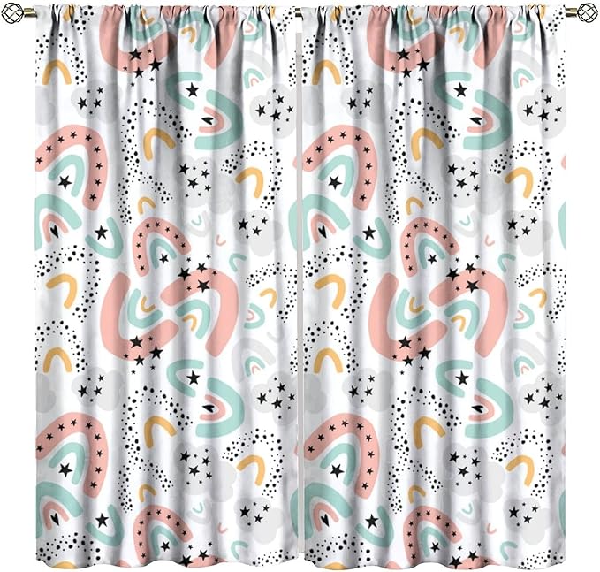 Boho Rainbow Curtains for Kids Nursery Colorful Floral Sun Star Clouds Pastel Bohemian Pattern Print Window Drapes for Girl Bedroom Living Room Kitchen Decor,2 Panel Set,63Wx63H Inch Blackout