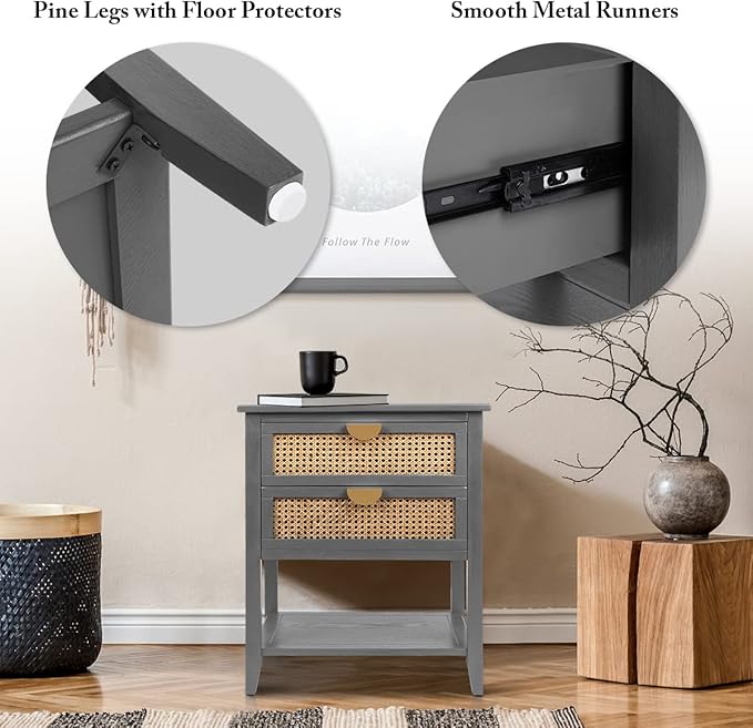 Nightstands with 2 Drawers, Rattan Night Stand Bedside Table End Table Standing Storage Cabinet Organizer Dresser Drawer and Shelf for Entryway, Living Room, Bedroom, Nursery(Grey)