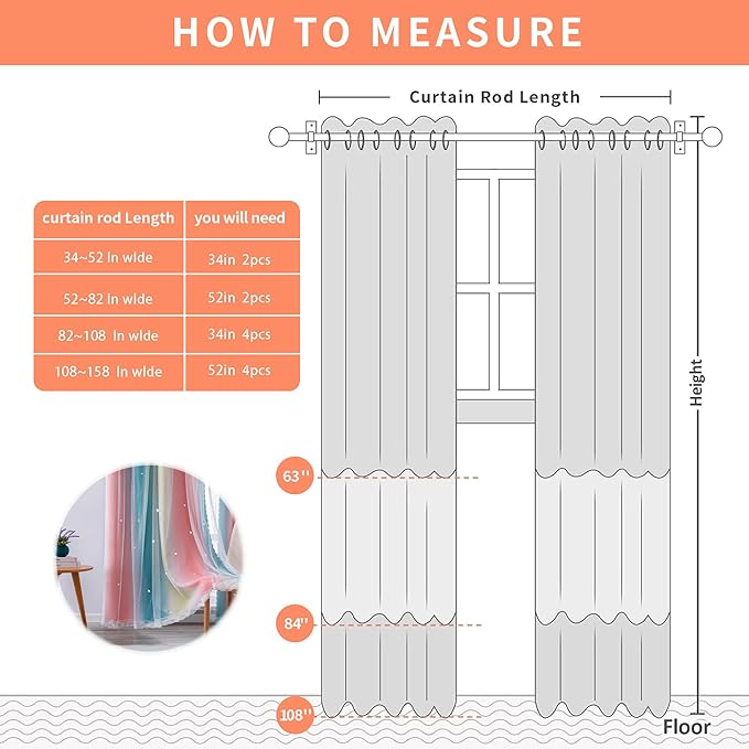 XiDi 90 Inches Curtains for Girls Bedroom 2 Panels Set, Blackout Rainbow Curtains for Kids Room Decor, Unicorn Wall Decals Drapes for Little Girl Nursery Room Pink Blue Yellow 34 Inches Wide