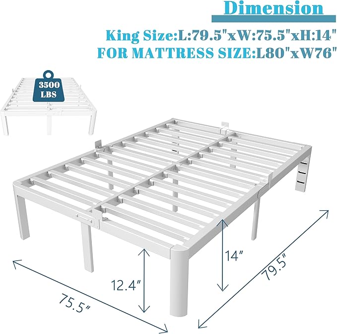 King Size Bed Frame 14 Inch, White King Bed Frame with Metal Baffles, No Box Spring Needed, Heavy Duty Steel Platform Support, Round Corner Legs, Reserved Holes, Storage Space, Noiseless