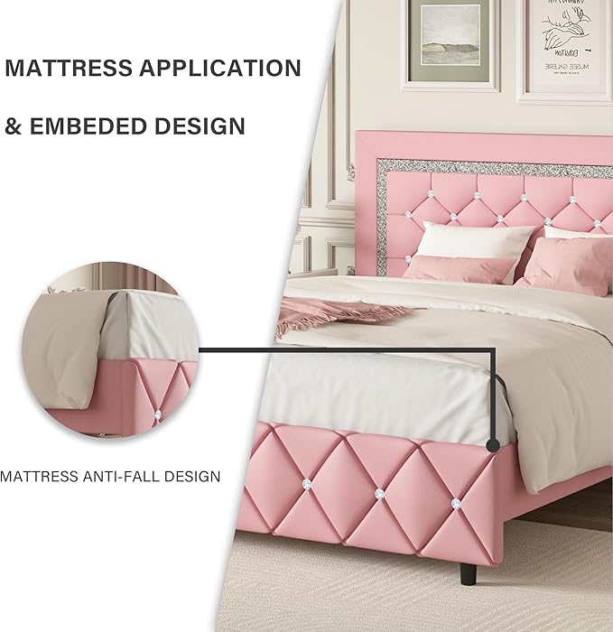 BarnFurin Full Size Bed Frame, Upholstered Platform Bed with Button Tufted Headboard, Princess Bed Frame with Diamond Design, No Box Spring Required, Easy Assembly, Pink