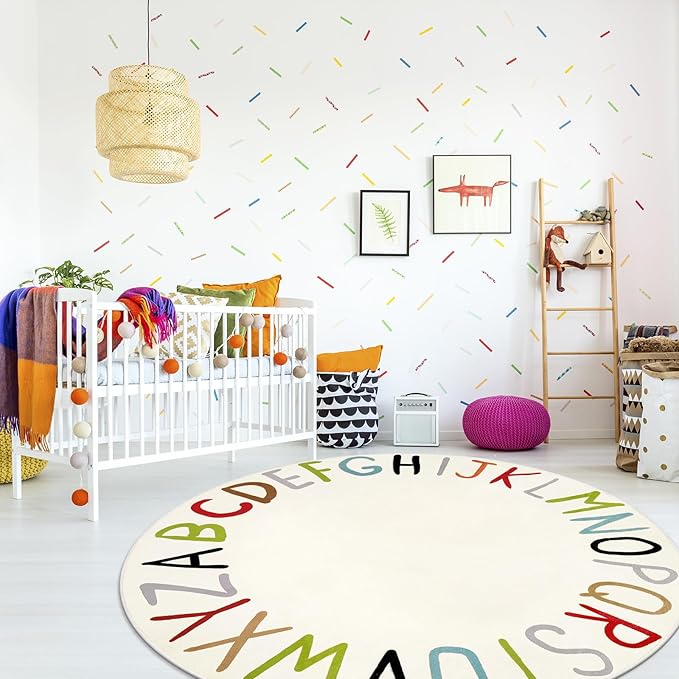 LIVEBOX ABC Play Room Round Kids Rug,Large Colorful Rug for Nursery, Rainbow Area Rug for Classroom, Circle Washable Rugs Educational Alphabet Carpet for Playroom Dorm Bedroom(71",Multi Color)