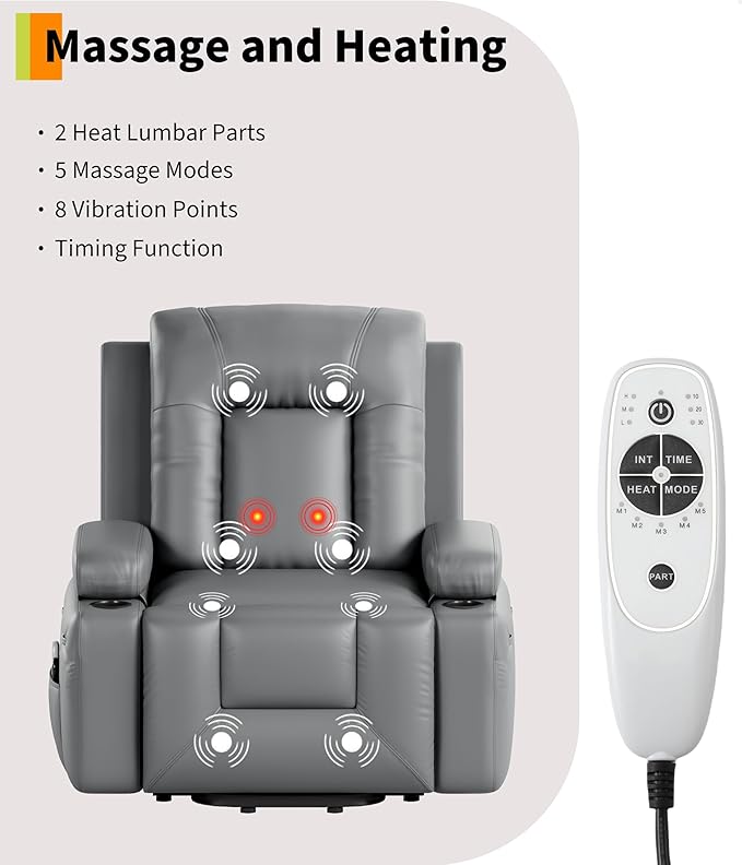 GarveeHome Power Recliner Chair - Heat and Massage, Adjustable Electric Recliner Ergonomic PU Leather Single Sofa, Tall Back, Padded Seat, Lazy Chair for Living Room