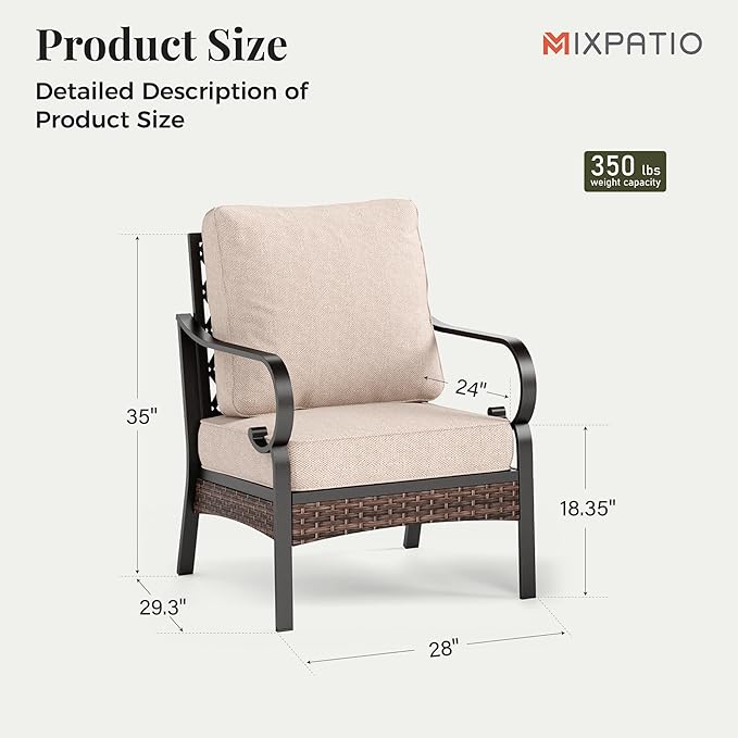 Outdoor Patio Leg Sofa Chairs Set of 2 Steel Frame Porch Furniture with Deep Seating and 5.75" Cushions for Lawn Backyard Deck, Beige