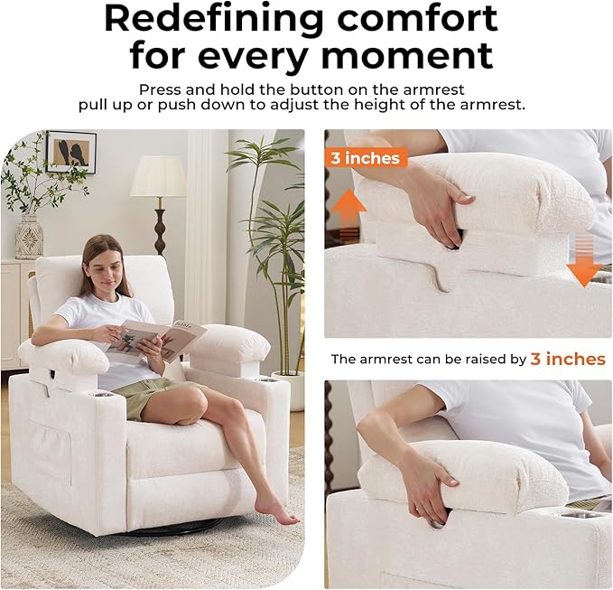 Rocking Chair Nursery with Adjustable Armrests, Electric Glider Recliner Nursing Chair for Breastfeeding, Power Swivel Recliner Chairs with Massage and Heat, Adjustable Headrest , FSC Certified, White