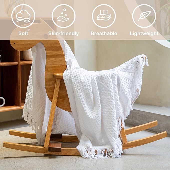100% Cotton Waffle Queen Blanket with Fringe 90"x90", Pre-Washed Waffle Weave Blanket for All Season, Lightweight Breathable Soft Cozy Throw Blanket for Couch, Bed, Travel (White)
