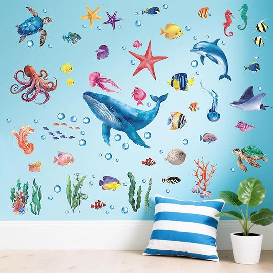 110 Pieces Under The Sea Wall Decals, Ocean Fish Jellyfish Starfish Coral Reef Seaweed Removable Stickers for Kids Baby Boys Bedroom Nursery Living Room, Sea Life Marine Animal Underwater Theme